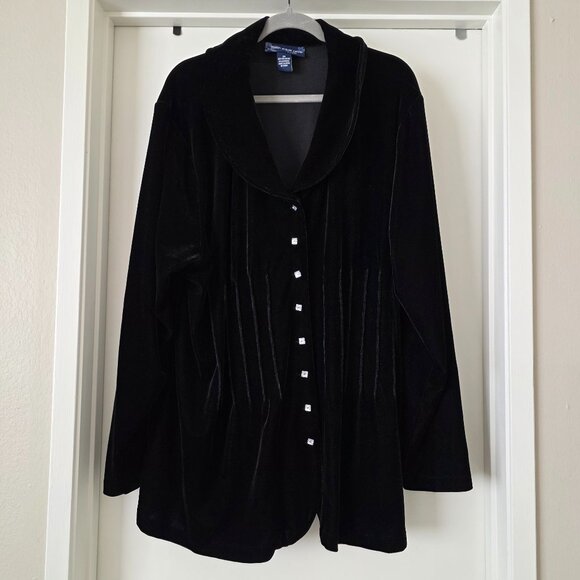 Susan Graver Style Black Velvet Jacket Top Pleated Shimmery Buttons Plus Size 3X - Picture 1 of 7
